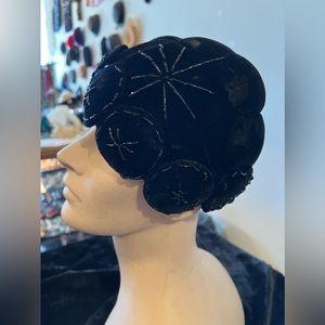 Authentic Vintage 1950’s Silk Velvet Hat with Black Glass Bugle Beads